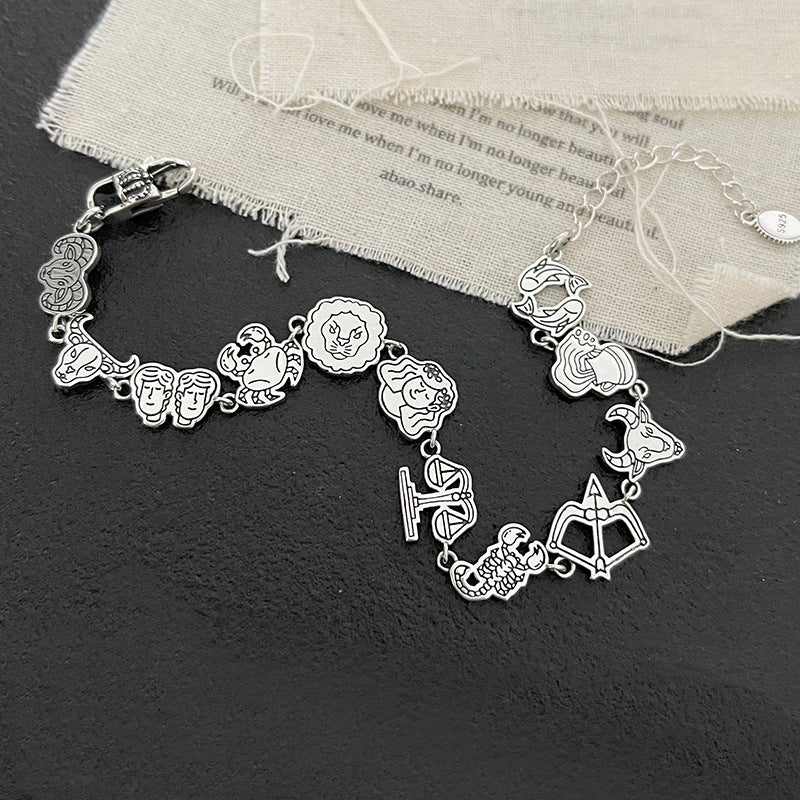925 Sterling Silver Vintage Cartoon Hand-painted Zodiac Bracelet for Women Fashion Niche High-end Feel 2023 New Jewelry