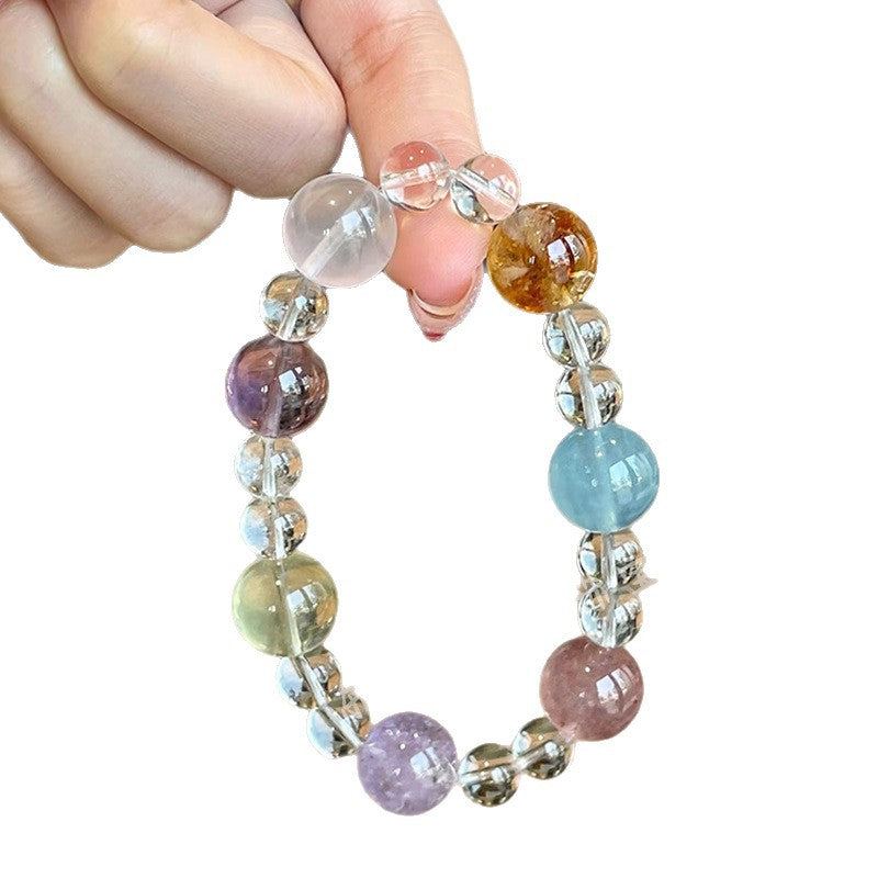Natural Multi-Gem Energy Crystal White Crystal Yellow Rutilated Quartz Aquamarine Wealth-Attracting Bracelet Original Design Bracelet