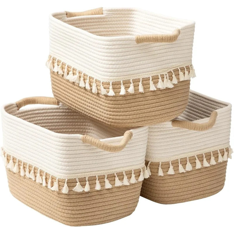 Set of 3 Woven Cotton Storage Bins Versatile Rope Baskets Organizing Home Toys Clothes and Essentials