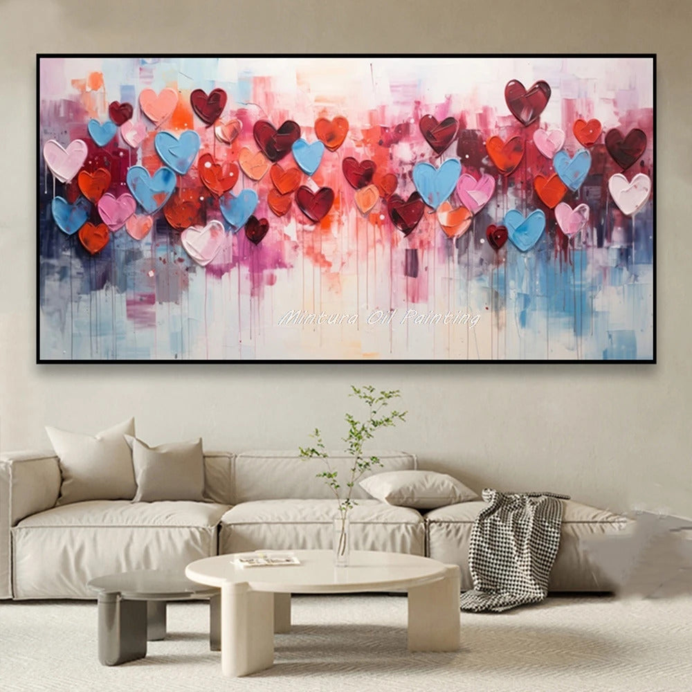 Mintura,100% Handmade Knife Graffiti Pink Red Heart Oil Painting on Canvas,Modern Abstract Wall Art Picture,Room Home Decoration