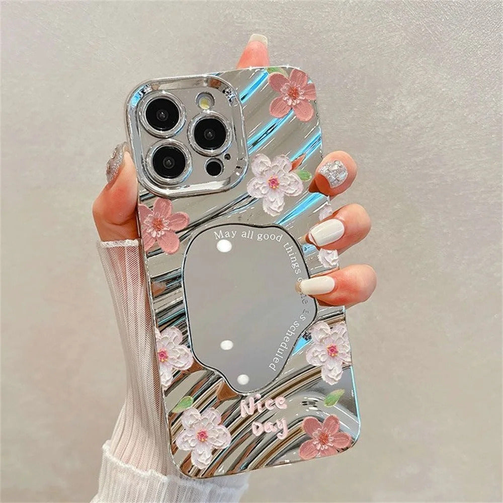 Pink Tulip Flower Phone Case For iPhone 11 Case iPhone 16 13 12 14 15 Pro Max Plating Make Up Mirror Wavy Soft Shockproof Cover