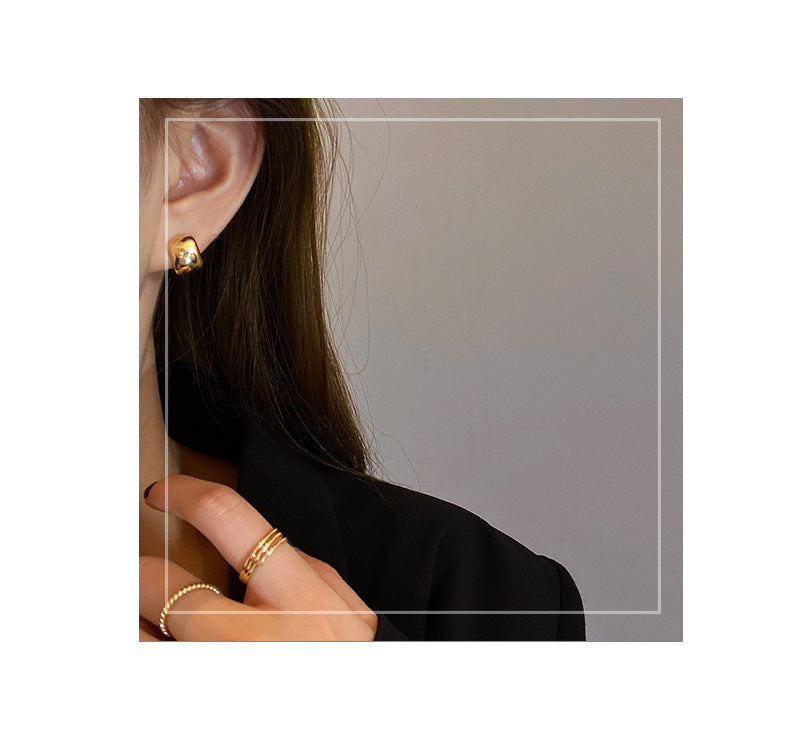 925 Silver Needle Hong Kong Style Retro Metal Earrings Women's High-Grade Geometric Simple Bracelet Ear Clip All-Match Exaggerated Commuter Earrings