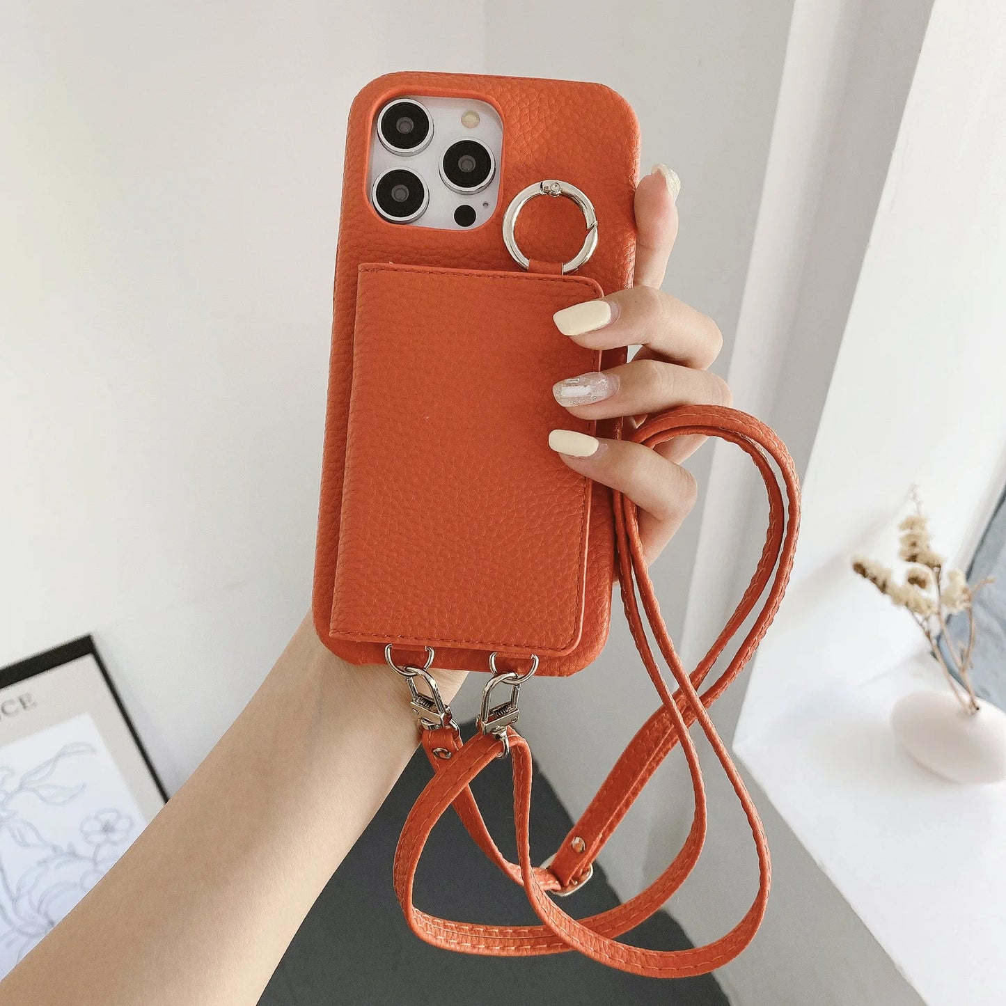 Ring Holder Mirror Card Slot Case For iPhone 13 12 Mini 16E 16 15 14 11 Pro XS Max 8 Plus Crossbody Wallet Lanyard Leather Cover