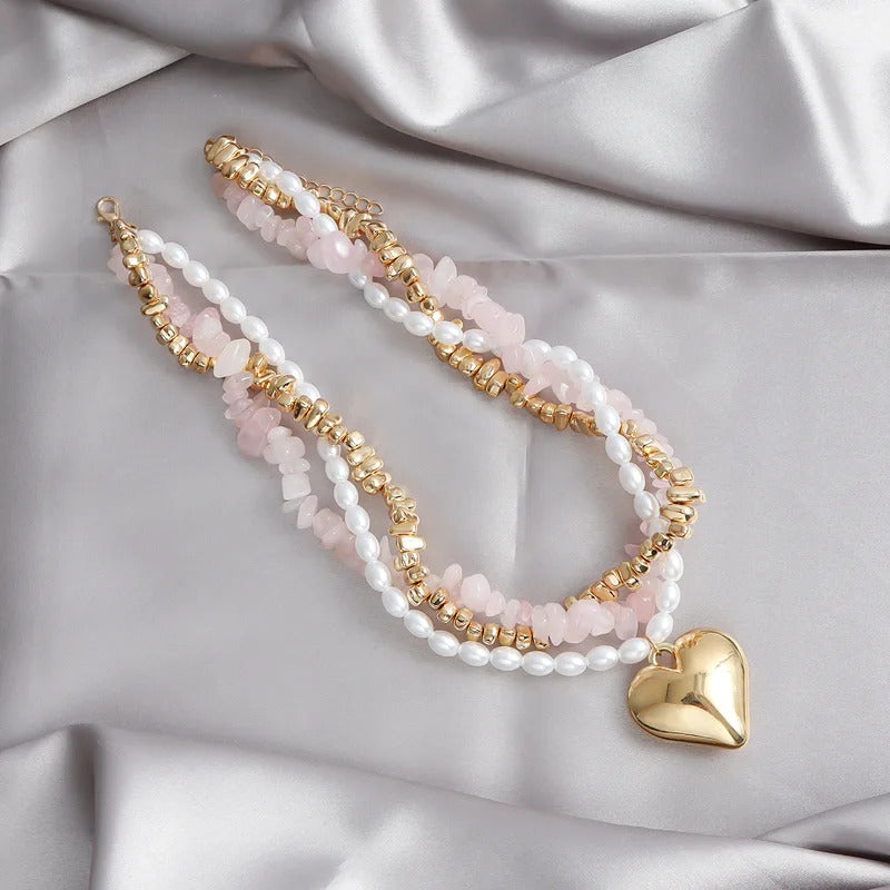 LATS Fashion Vintage Heart Pendant Necklace for Women Female Boho Irregular Beaded Cross Crystal Chain Jewelry