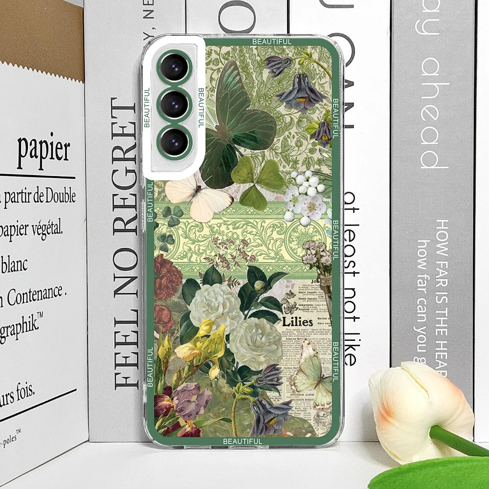 Cool Green Retro Flower Stickers Phone Case for Samsung Galaxy A55 A54 A53 A52 A51 A70 A22 A13 4G 5G Soft TPU Clear Cover Fundas
