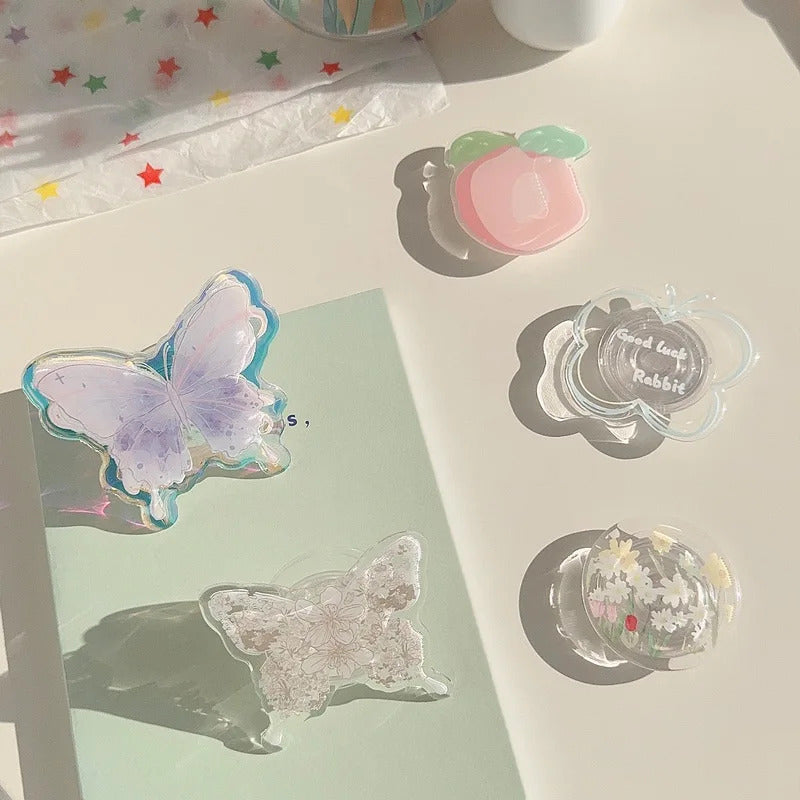 Girly Phone Stand Cute Strawberry Butterfly Boho Rainbow Heart Designs Adhesive Holder for Smartphones Samsung iPhone