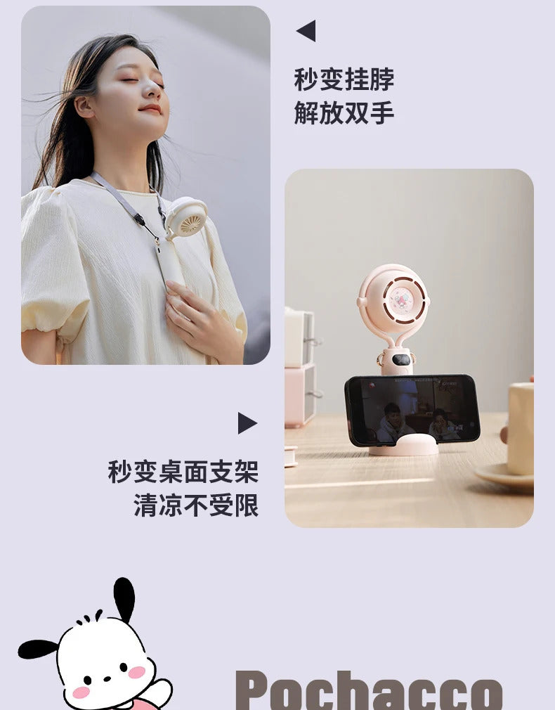 10000 Ma Sanrio Usb Folding Handheld Mini Fan Kuromi Pachacco Portable Hanging Neck Fan Bladeless Ultra-quiet Strong Breeze Fans