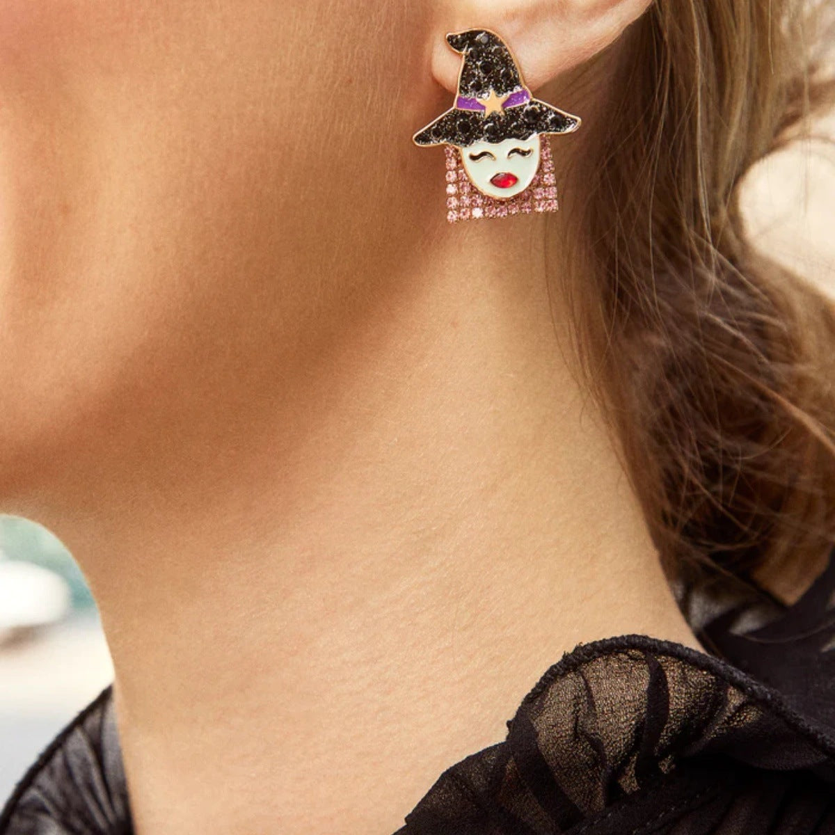 Halloween Quirky Accessories Crystal Inlaid Skull Earrings Oil Drop Witch Earrings Pumpkin Head Bat Earrings