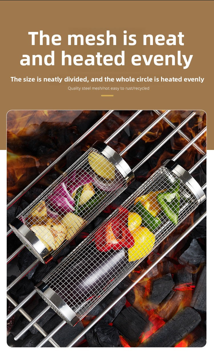 Stainless Steel BBQ Grill Net Tube Outdoor BBQ Cage Rolling BBQ Tube Cylindrical BBQ Net Meat Roasting Cylinder