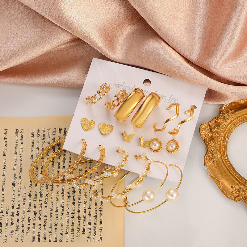 Exaggerated Faux Pearl Earrings 9-Piece Set Vintage Alloy Geometric Hoop Earrings Set Jewelry