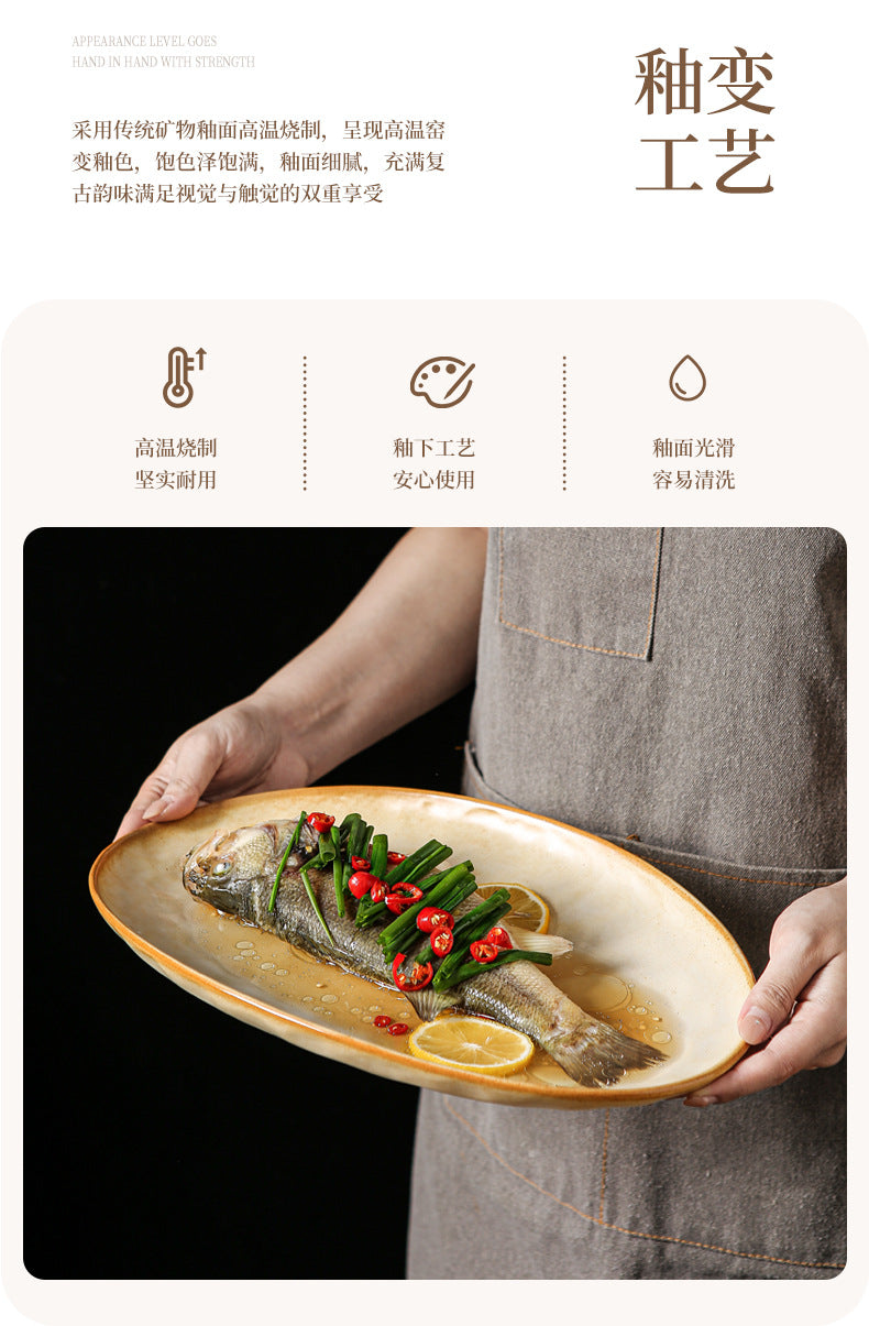 Vintage Coarse Pottery Oval Ceramic Long Plate Restaurant Home Large Capacity Personalized Fish Plate Sushi Pastry Dessert Display Plate