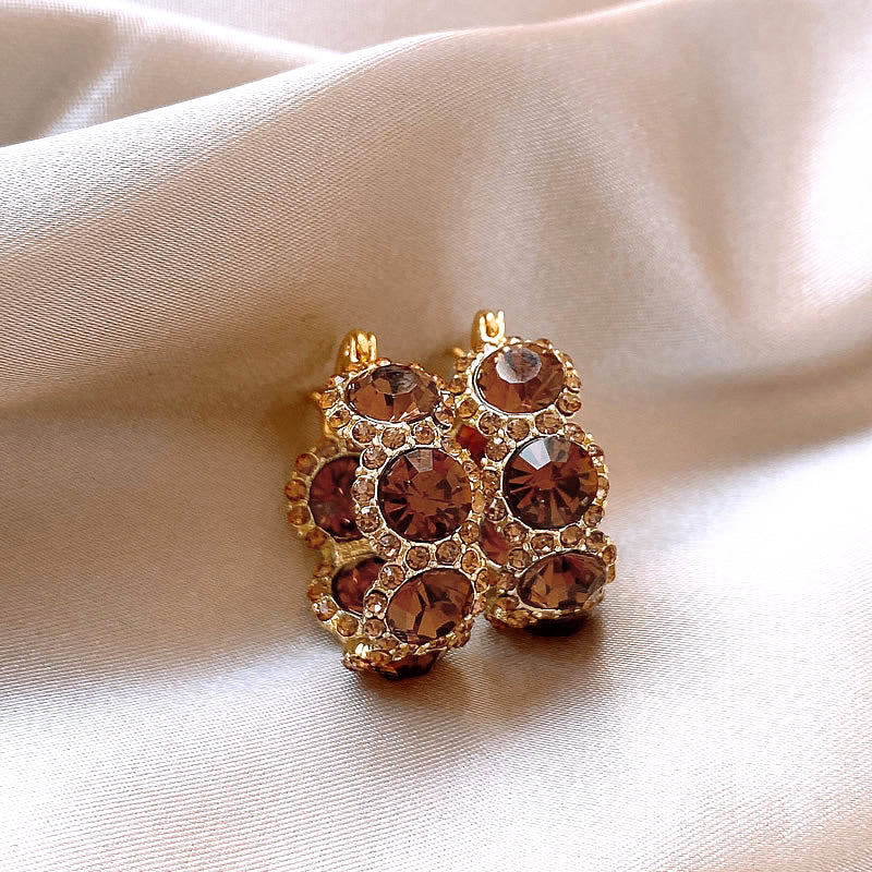 Brown Crystal Circle Ear Clip Women's Elegant Light Luxury Earrings High-Grade Earrings for Women
