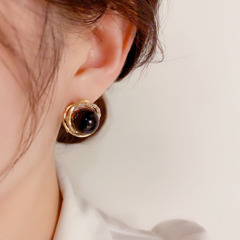 S925 Silver Needle Korean Fashion Simple Diamond-Studded Wrapped Pearl Earrings Exquisite Petite Versatile Socialite Earrings