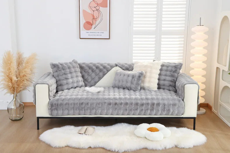 Rabbit Plush Sofa Cover Winter Thickening Warm Plush Cushions Non-Slip Living Room Leather Sofa Backrest Armrests Super Soft