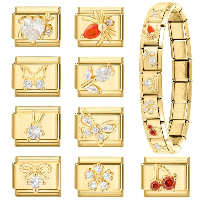 Fashion Pet Heart Flowers Sun Moon Zircon Gold Color Italian Charm Links Stainless Steel Fit 9mm Bracelet Jewelry DIY Making