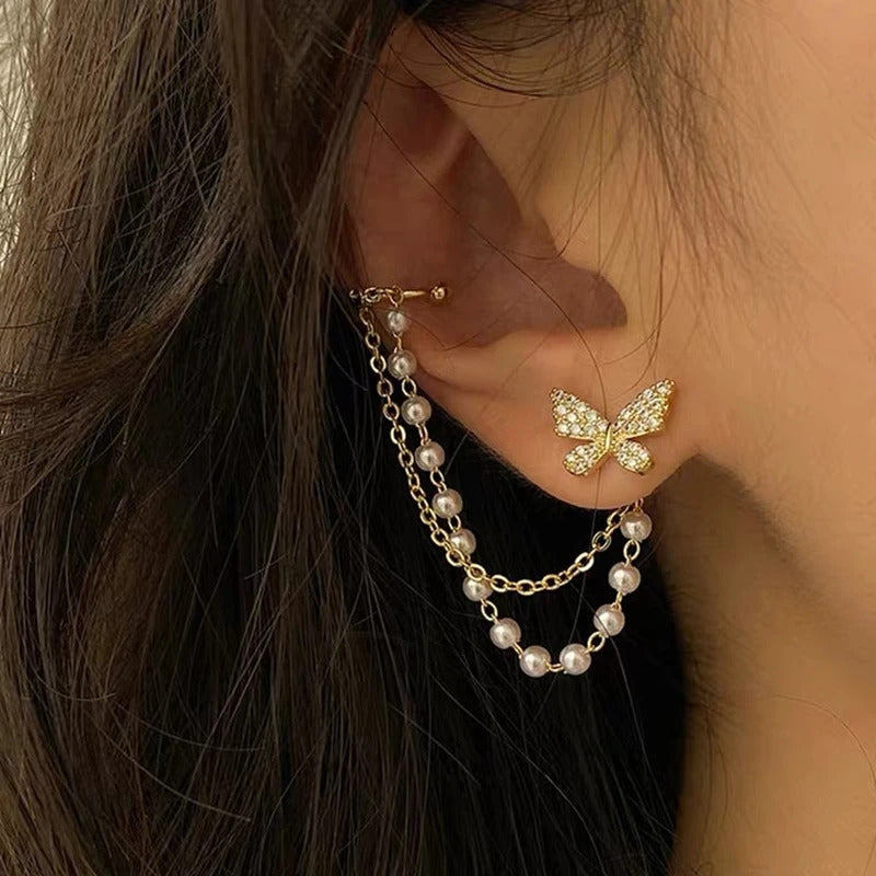 Rhinestone Butterfly Stud Earrings For Women Girls Korean Cute Fashion Metal Cuff Chain Tassel Boucle D'oreille Jewelry