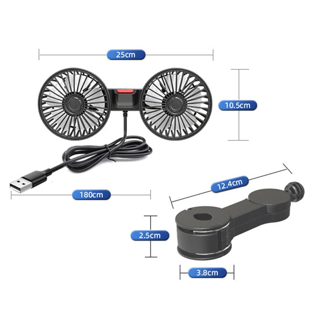 12V/24V Car Fan Cooling Car Fan Dual Head USB Car Fan 3 Speeds Adjustable Auto Cooler Air Fan for Vehicle SUV Car Accessories