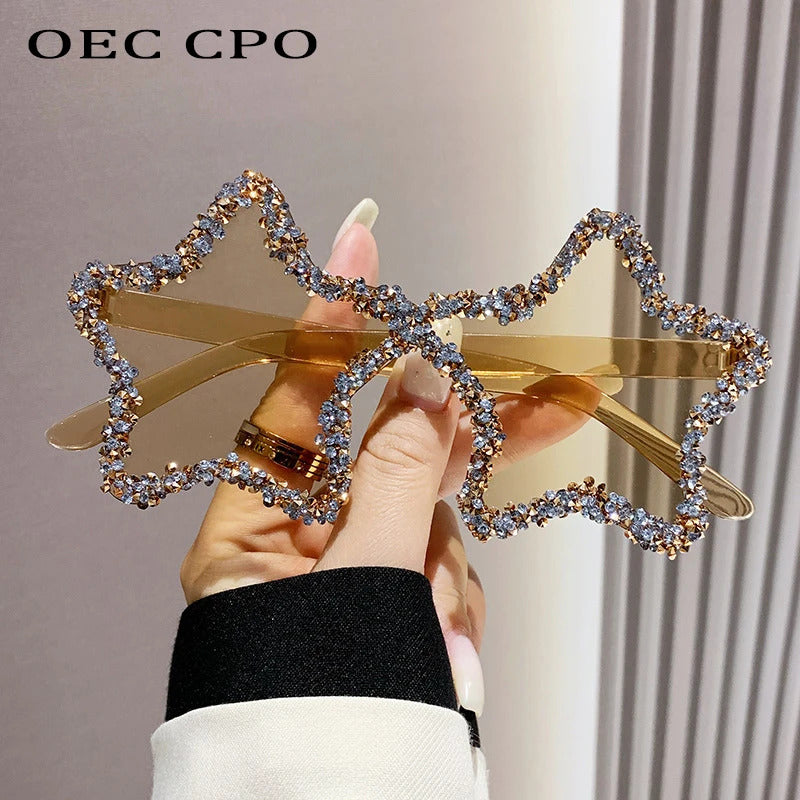 Luxury Diamond Star Shape Sunglasses Women Trends Rhinestone Shiny Sun Glasses Ladies Punk Rimless Style Eyewear gafas de sol