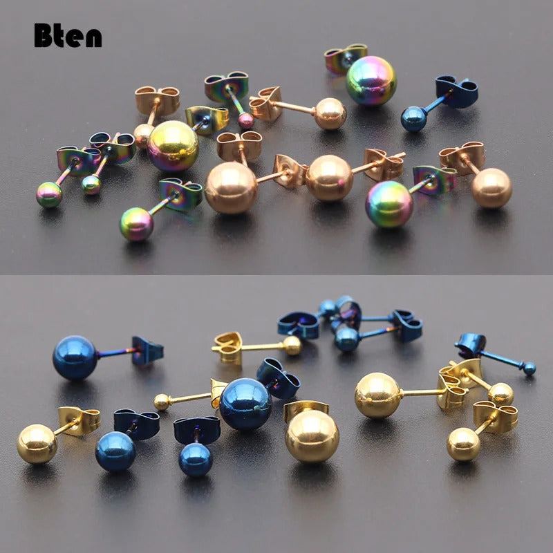 Bten 1 Pair Stainless Steel Ear Post 2-8mm Stud Earrings For Men Women Jewelry Gold Black Rose Silver Color Ball Earrings
