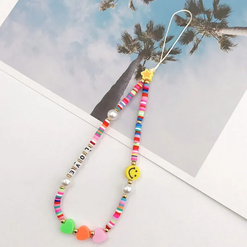 Fashion Charm Pearl Clay Beaded Mobile Phone Chain Acrylic Cartoon Phone Jewelry Women Girls Anti Lost Telephone Lanyard Hanging