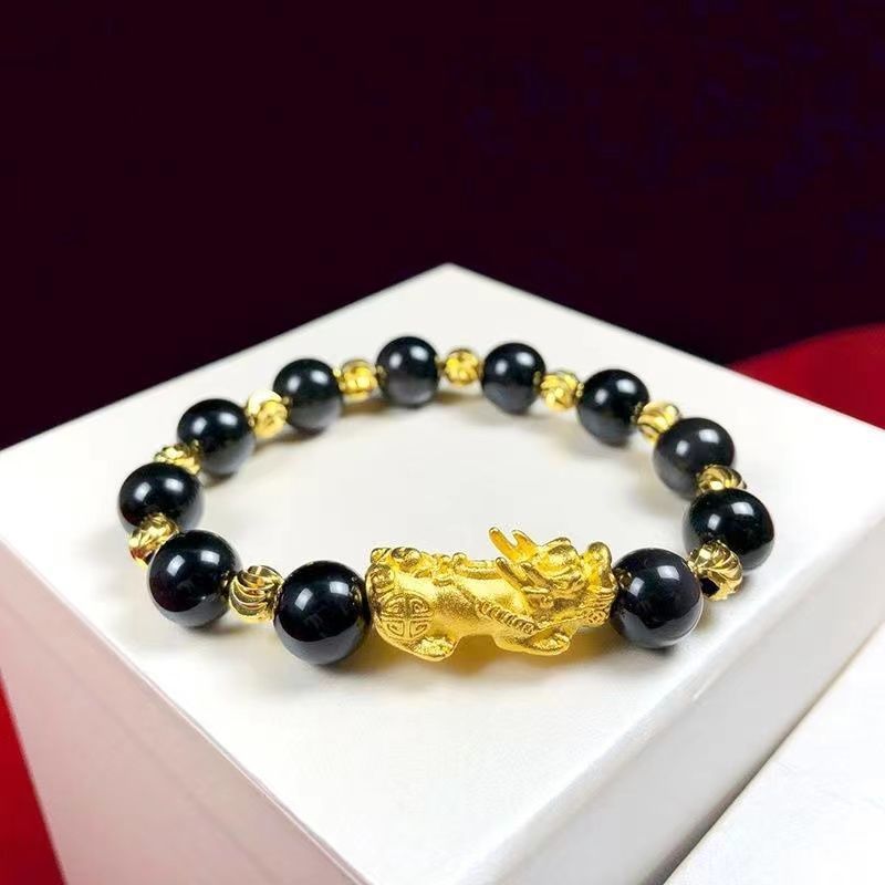 Brass Gold Plated Brave Bracelet Lucky Beads Agate Obsidian Sanskrit Bracelet Men's and Women's Bracelet