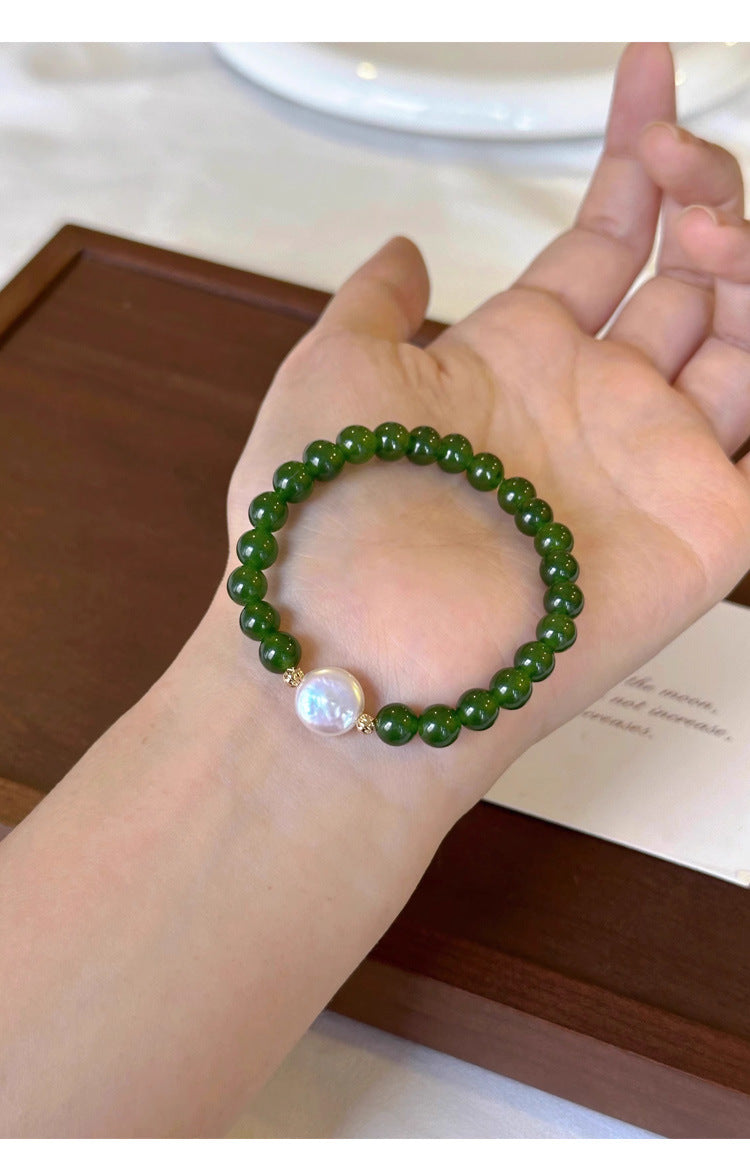 Green Agate Chalcedony Natural Pearl Bracelet Summer Women's High-end Niche New Chinese Style Bracelet Non-fading Jewelry