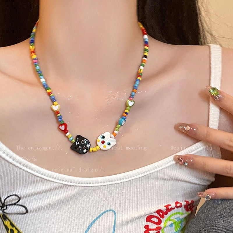 Candy-Colored Dopamine Necklace for Women All-Match Special-Interest Design Beaded Clavicle Chain Sweet Cool Hot Girl Necklace Online Influencer Jewelry