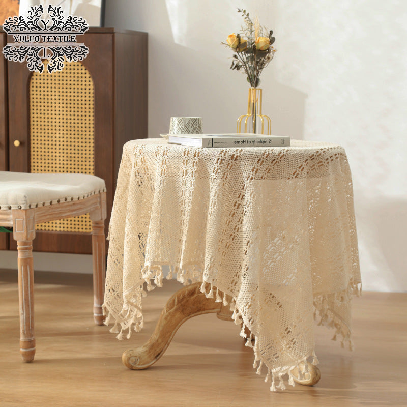 American Pastoral Cotton Woven Tablecloth Lace Hollow Crochet Tassel Dining Tablecloth French Cover Cloth Vintage Ins Tablecloth