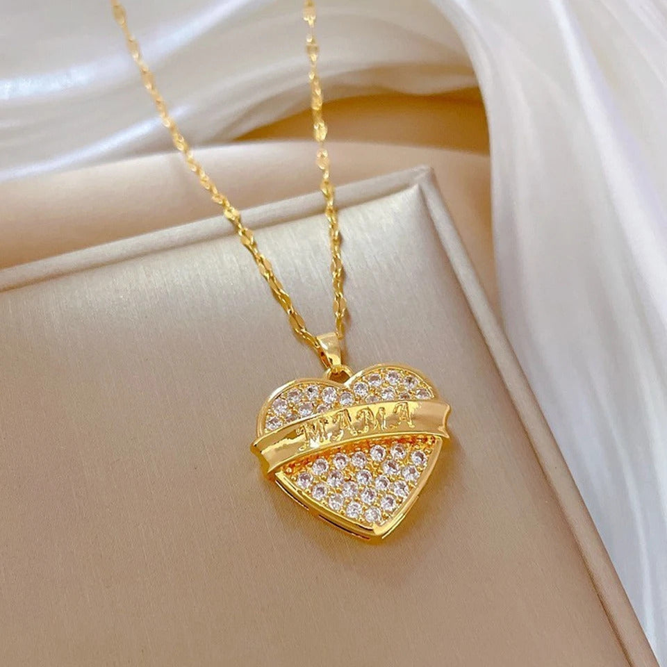 ZAKOL Classic Gold Color Stainless Steel Necklace For Women Shiny Zircon Geometric Heart Pendant Necklaces Jewelry Gift