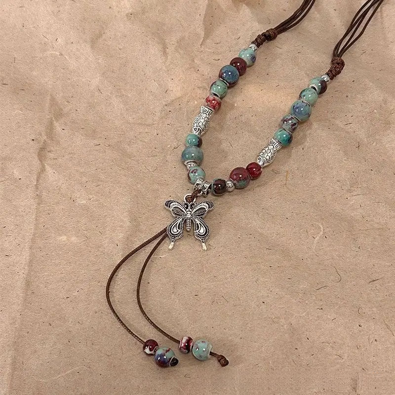Ceramic Necklace New Chinese Ethnic Style Retro Ceramic Butterfly Beaded Clavicle Chain