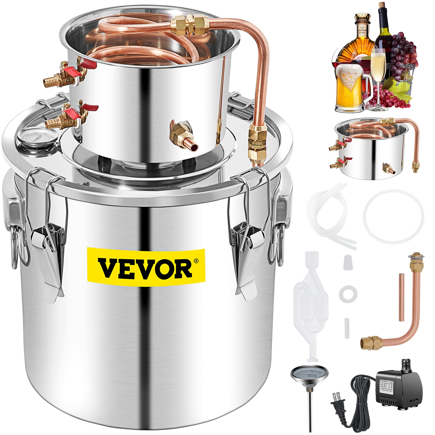 VEVOR 50L Moonshine Still Alcohol Distiller w/ Water Pump Stainless Copper DIY Home Brew Ethanol Wine Essential Oil Brewing Kit