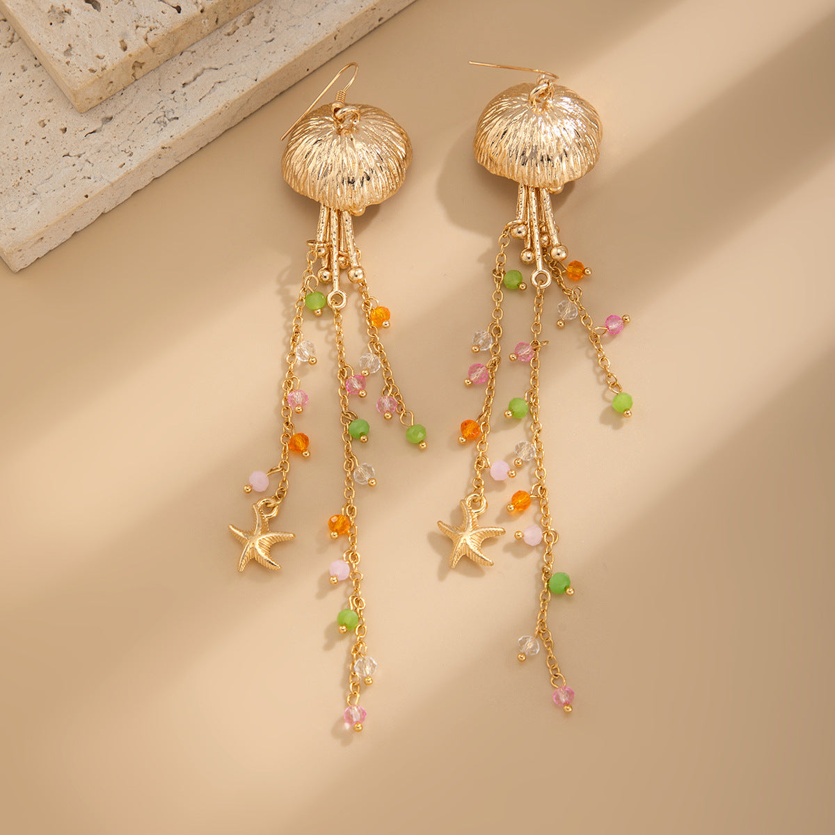 Vacation Beach Starfish Jellyfish Alloy Earrings Fashion High Sense Crystal Tassel Earrings