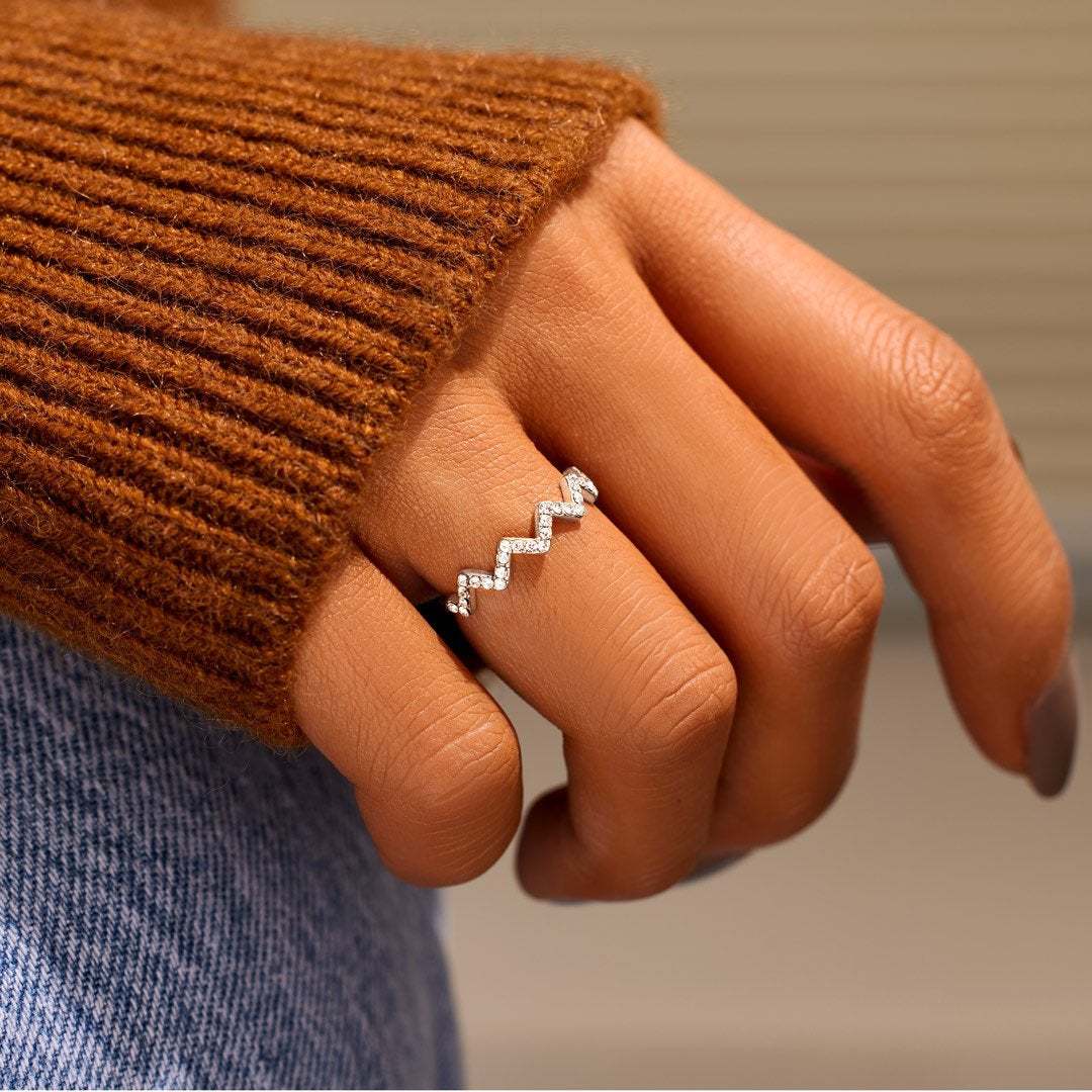 Cross-Border Hot Selling ECG Wave V-Shaped Ring for Women Fashion Simple Inlaid Diamond European and American Style Creative Small Jewelry Ring