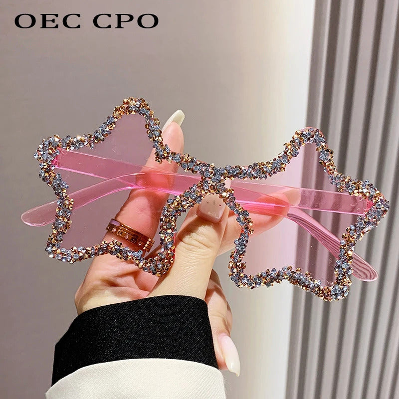 Luxury Diamond Star Shape Sunglasses Women Trends Rhinestone Shiny Sun Glasses Ladies Punk Rimless Style Eyewear gafas de sol
