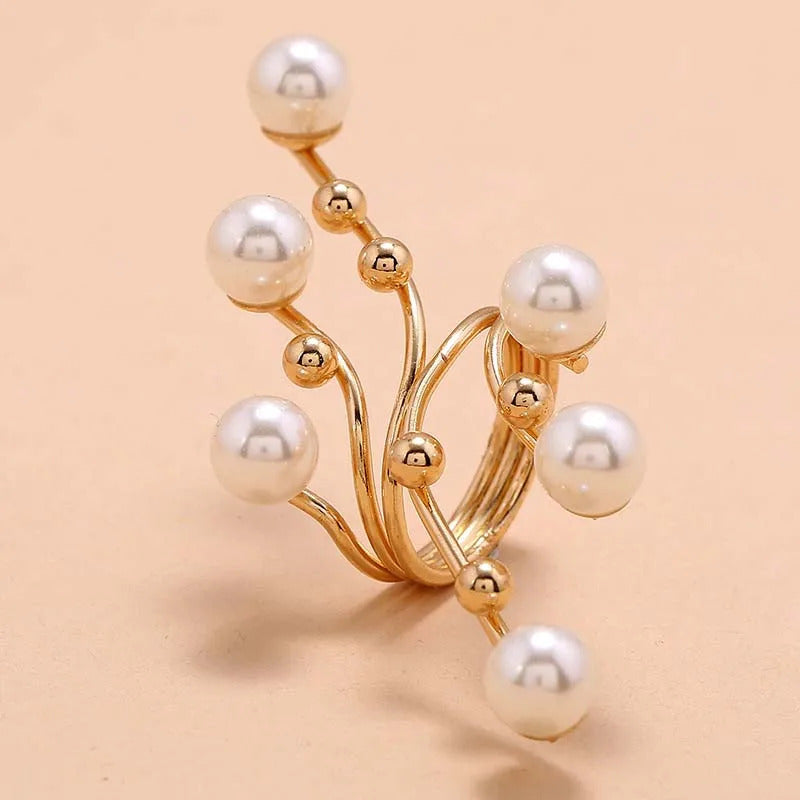 Vintage White Pearl Geometric Rings For Women Exaggerated Metal Irregular Double Layer Large Pearl Rings Party Jewelry