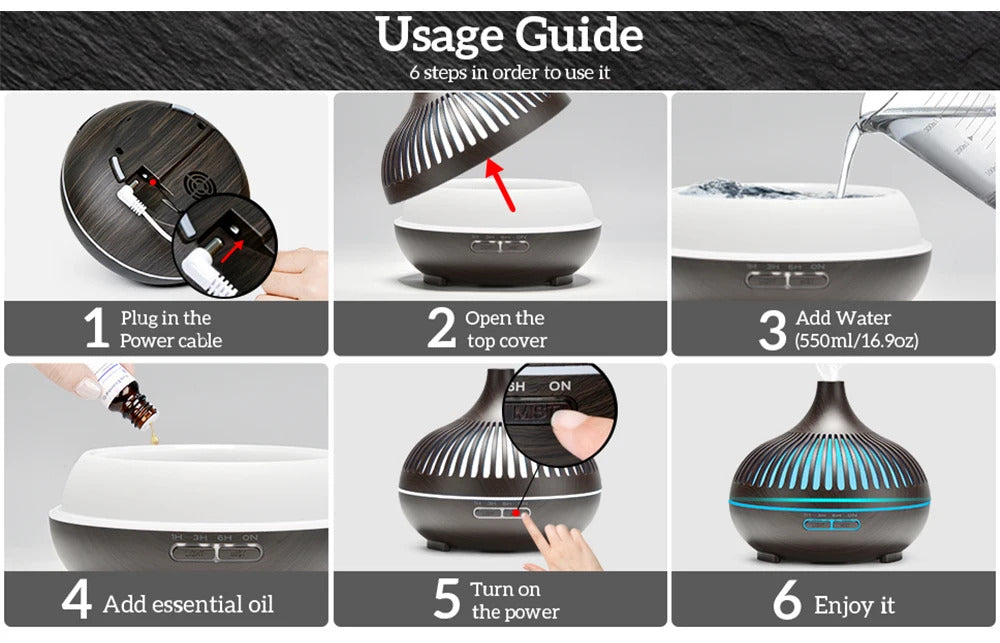 500ML Aromatherapy Essential Oil Diffuser Wood Grain Remote Control Ultrasonic Air Humidifier Cool with 7 Color LED Lights