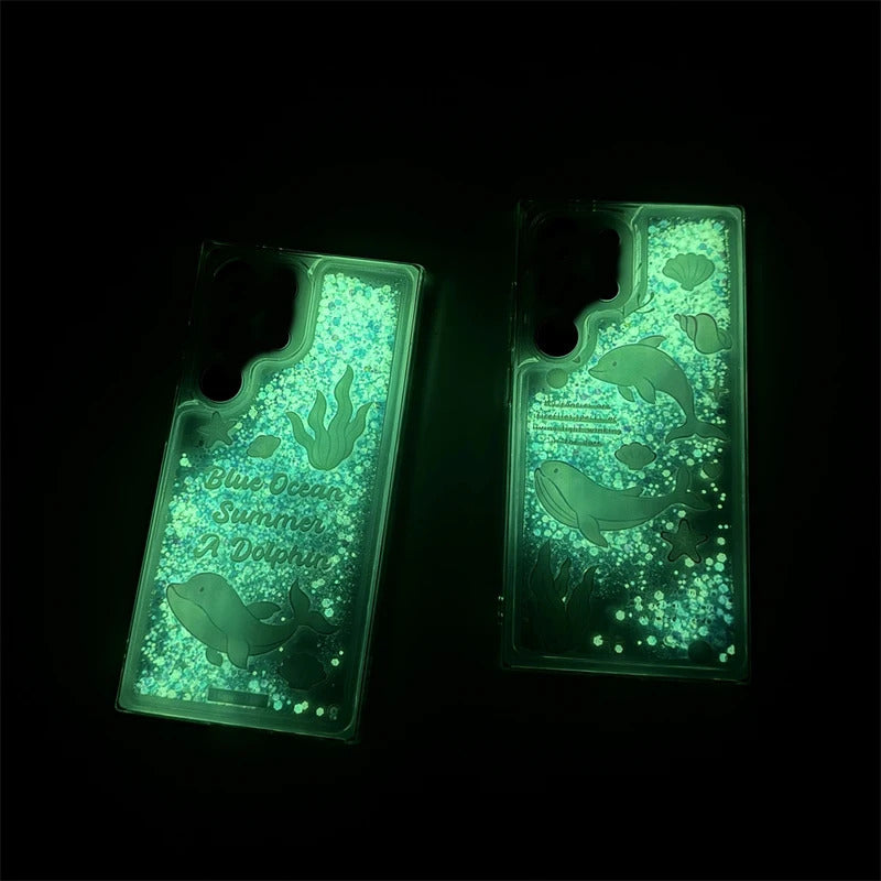 Glow In The Dark Dolphin Patterned Glitter Bling Soft Case For Samsung S24 Ultra S23 Plus S21 FE Note 20 Cover Luminous Funda