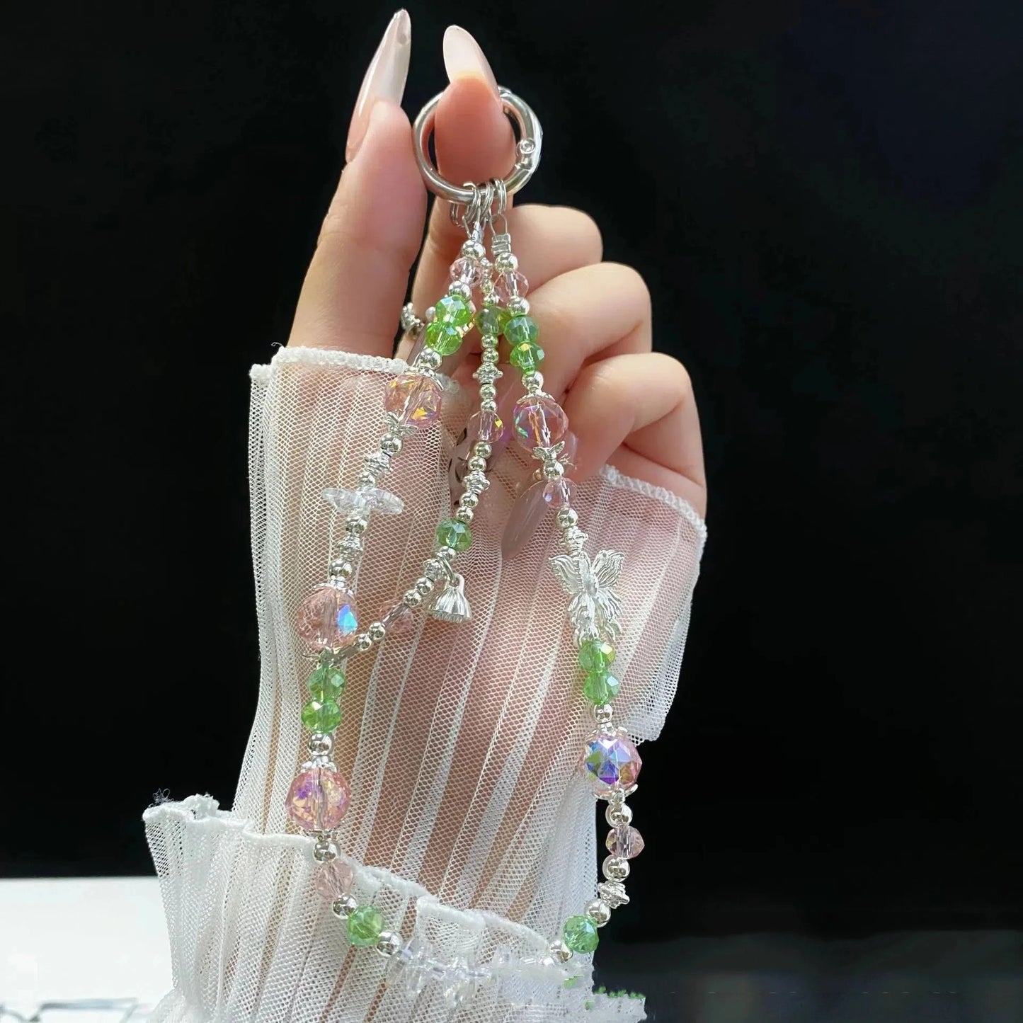 For 16 Mobile Phone Chain Dazzle Tulip Butterfly Double Chain Crystal 15 Mobile Phone Case Chain Lanyard Gradient Niche Fashion