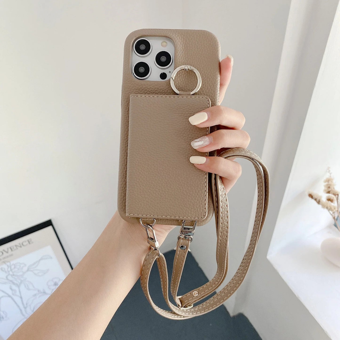 Ring Holder Mirror Card Slot Case For iPhone 13 12 Mini 16E 16 15 14 11 Pro XS Max 8 Plus Crossbody Wallet Lanyard Leather Cover