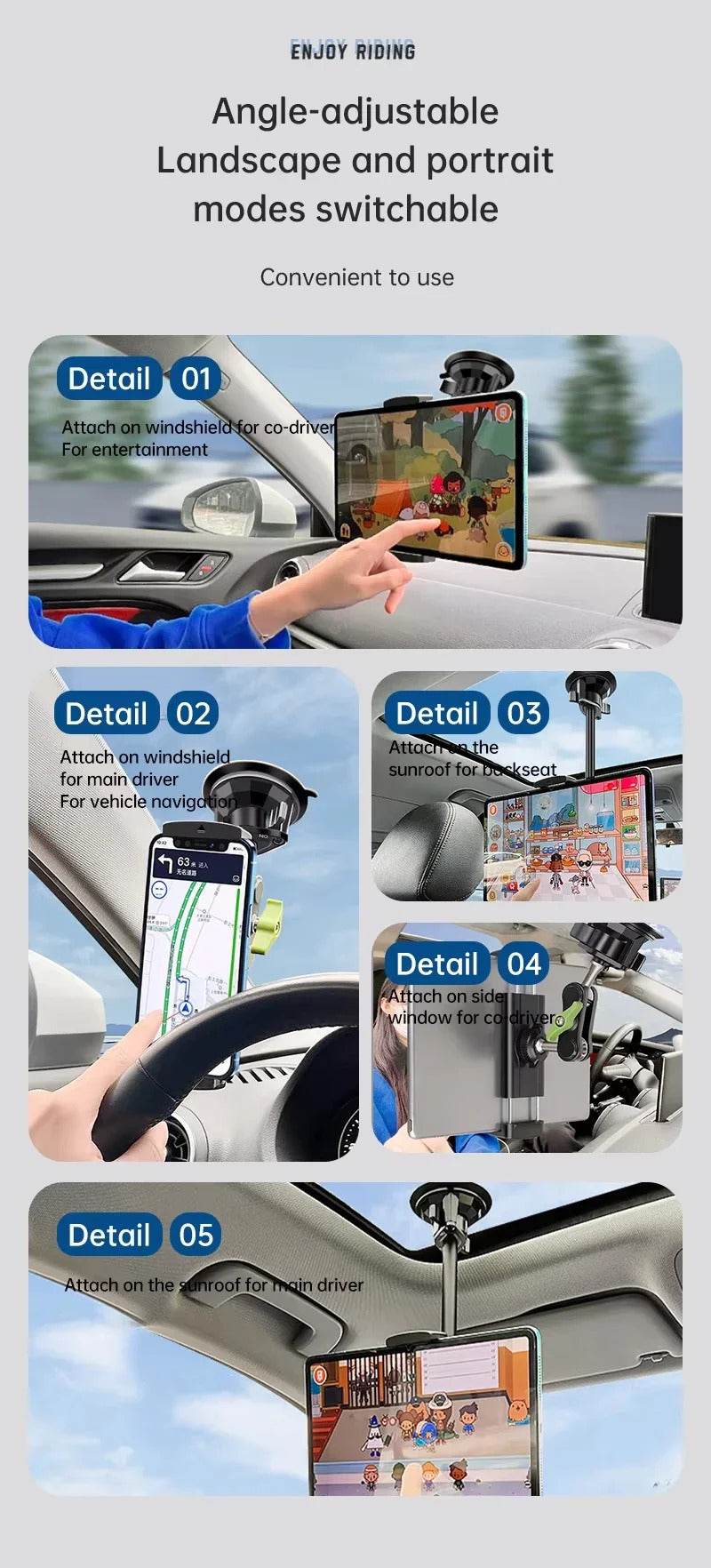 Aluminum Alloy Car Tablet Holder, 360° Rotatable Adjustable Stand with Strong Suction Cup Mount for 4-12.9" Tablets/Phones