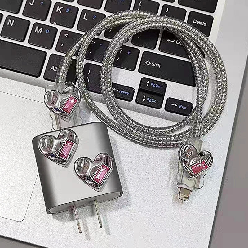 3D Pink Bow Cable Charger Protector Cover For IPhone IPad 18W 20W Original Charger 2024 New Data Line Spiral Winder Protective