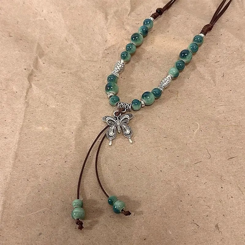 Ceramic Necklace New Chinese Ethnic Style Retro Ceramic Butterfly Beaded Clavicle Chain