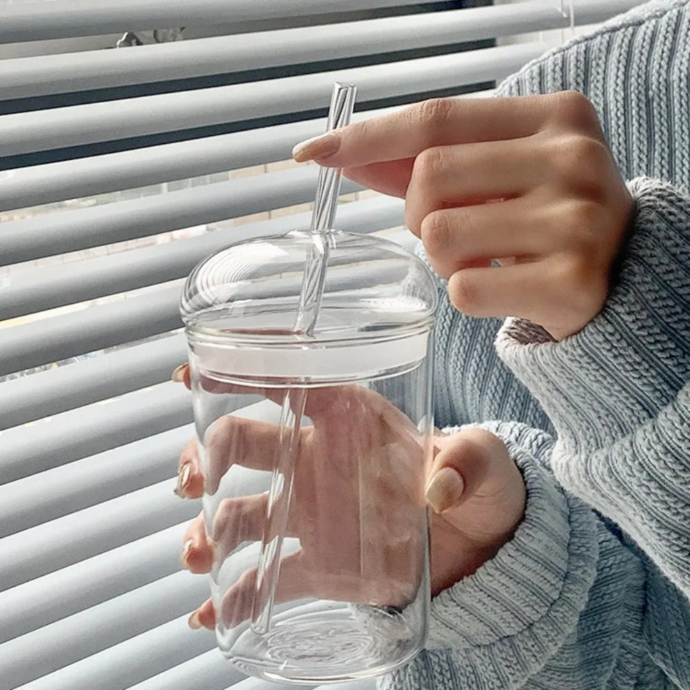 500ml Glass Coffee Cups With Lids Straws,Clear Smoothie Glasses,Round Dome Tumbler,Beer Mug,for Iced Tea Juice,Summer Drinkware
