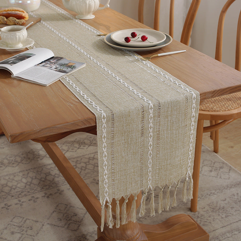 Cross-Border Trade Supply American Style Table Runner Cotton Linen Tablecloth Handmade Tassel Coffee Table Mat Home Long Table Decoration Cloth