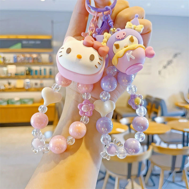 Sanrio Beaded Keychain Hello Kitty Cinnamoroll Kuromi Cute Cartoon Doll Pendant Phone Chain Keychains Bag Pendant Accessories