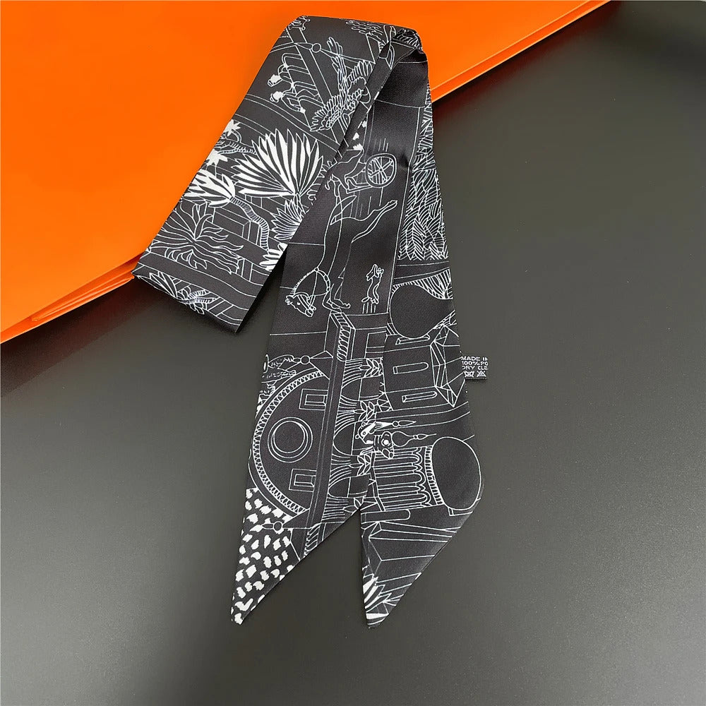 Fashion Women Hair Scarf 2024 New Brand Design Luxury Silk Scarf Fashion Print Headband Skinny Bag Scarves Neckerchief