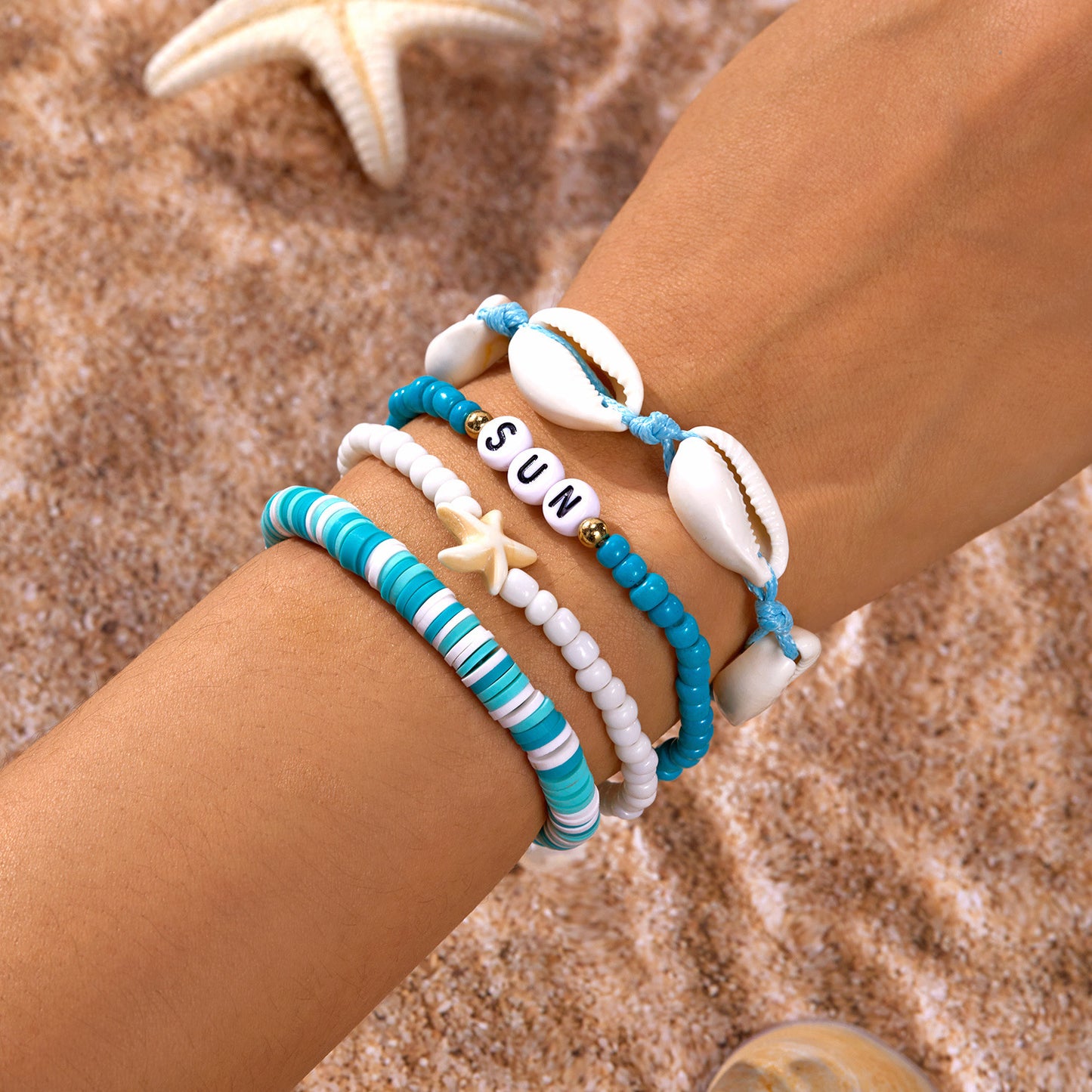 Bohemian Style Beach Vacation Conch Starfish Turtle Seed Bead Bracelet for Women