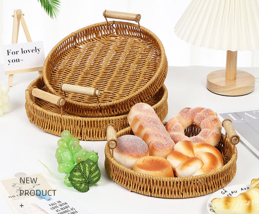 Fruit Plate Hand-Woven Japanese Bread Basket Steamed Bun Basket Living Room Household Storage Basket Rattan Double Ear Tray