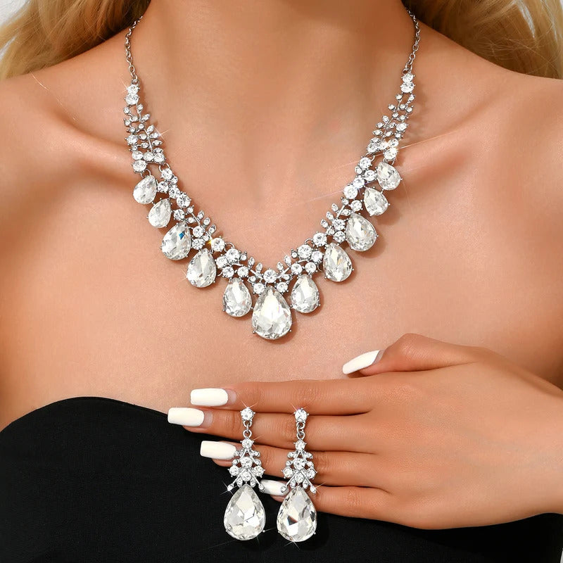 3PC Women's Fashion Trendy Charm Crystal Water Drop Necklace Earrings Jewelry Set Wedding Banquet Party Holiday Gift