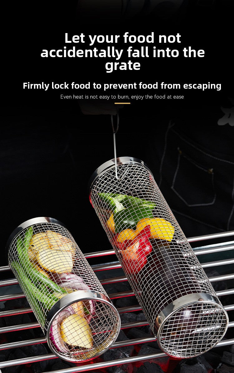 Stainless Steel BBQ Grill Net Tube Outdoor BBQ Cage Rolling BBQ Tube Cylindrical BBQ Net Meat Roasting Cylinder